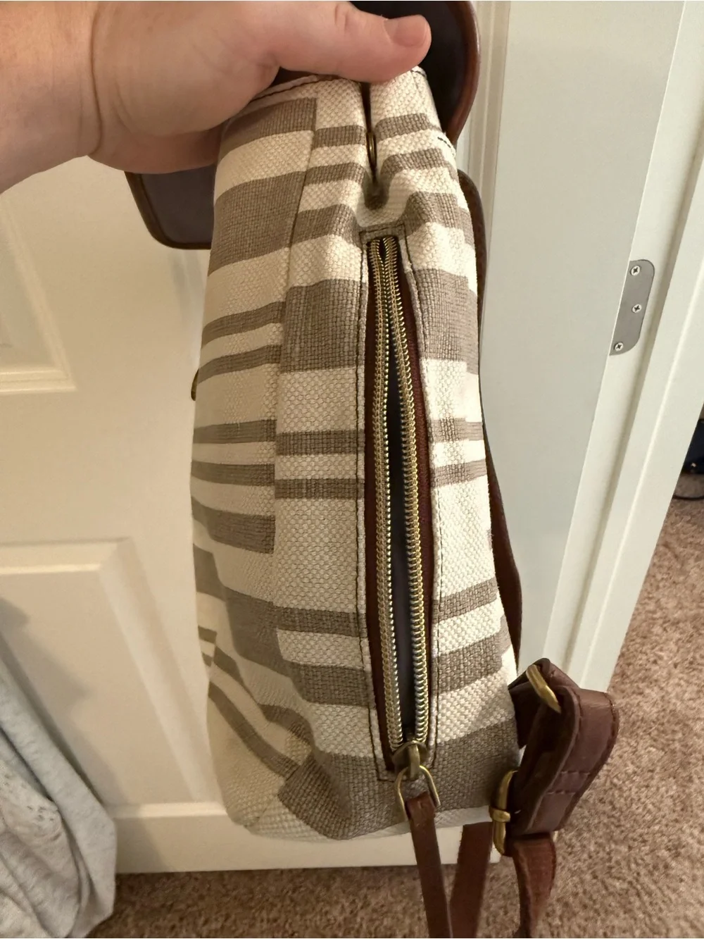 Fossil Cream & Brown Striped Canvas Backpack